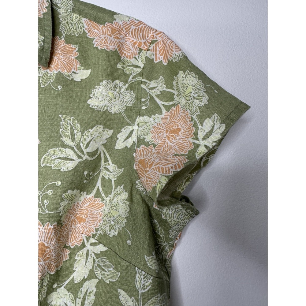 Sigrid Olsen Blue Linen Shirt Size M Green Floral Short Sleeve Button up - Picture 4 of 11